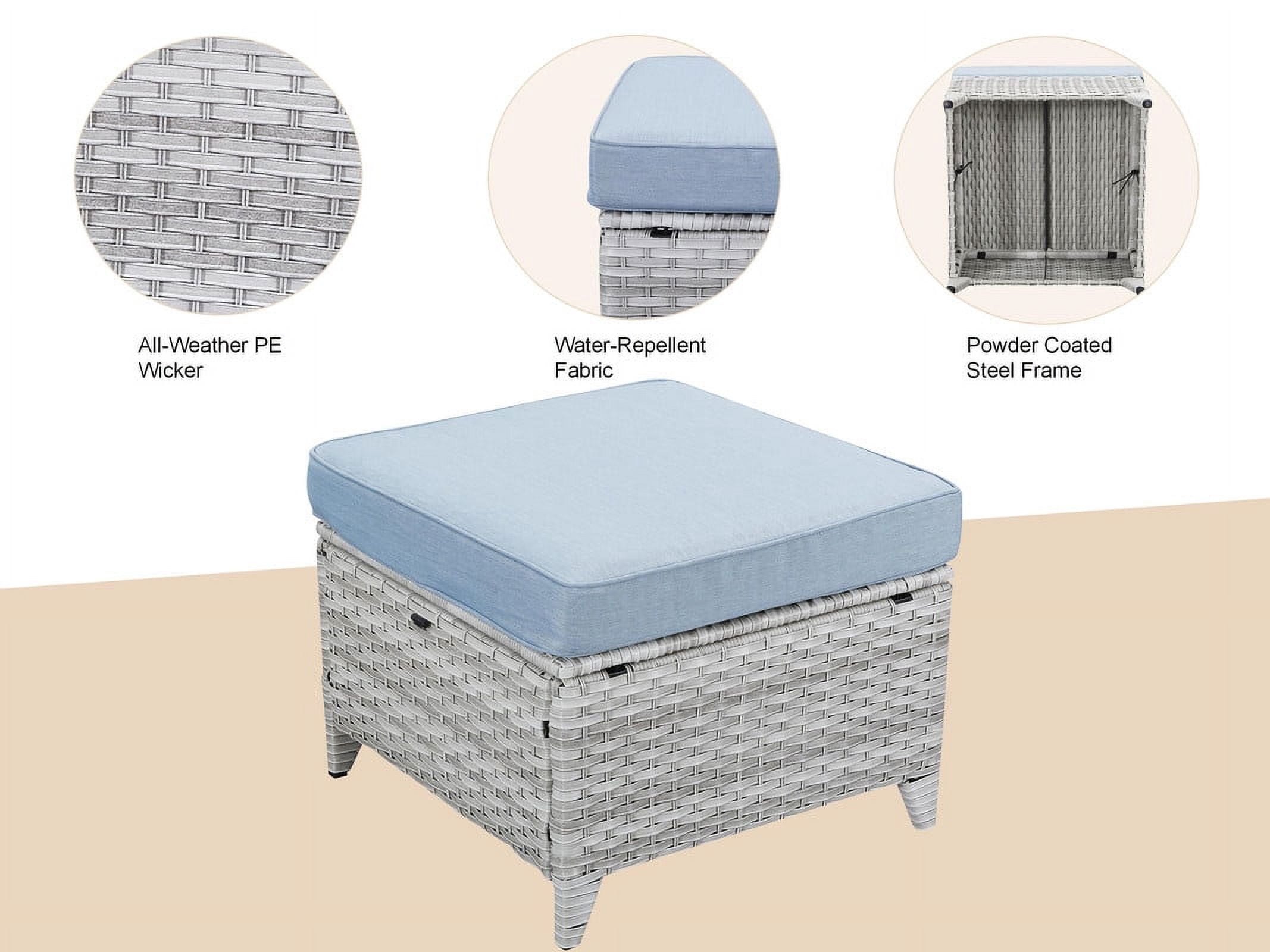 PARKWELL 2PCS Outdoor Wicker Ottoman Patio Rattan Furniture Footrest Seat Square Footstool w/Light Blue Cushion