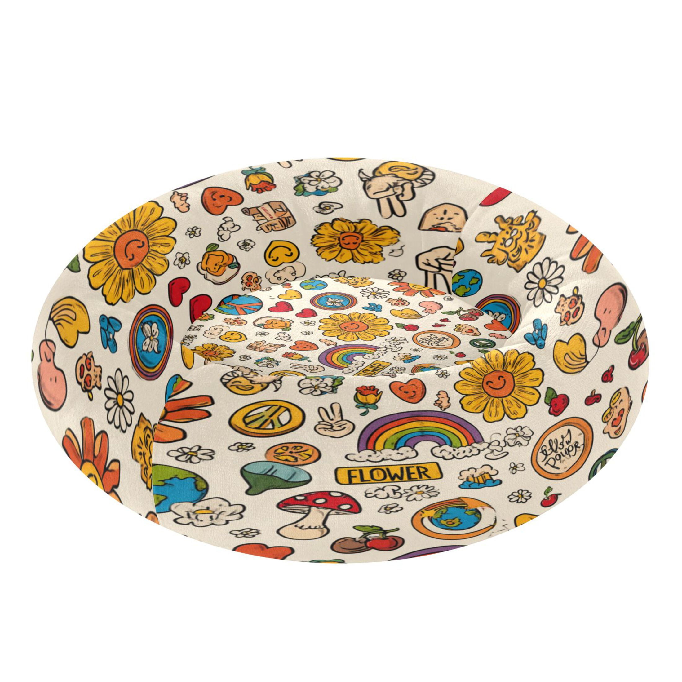 Iauyy Pet Couch Donut Cat Bed for Indoor Cats/Small Dogs Washable & Machine with Non-slip Bottom Calming Cat Furniture, Retro Hippie Logo (XS)
