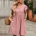 thumbnail image 4 of SAWOBUUN Women Ruffle Sleeve V Neck Midi Dress Textured Casual Swing Sundress Summer Dress, 4 of 7