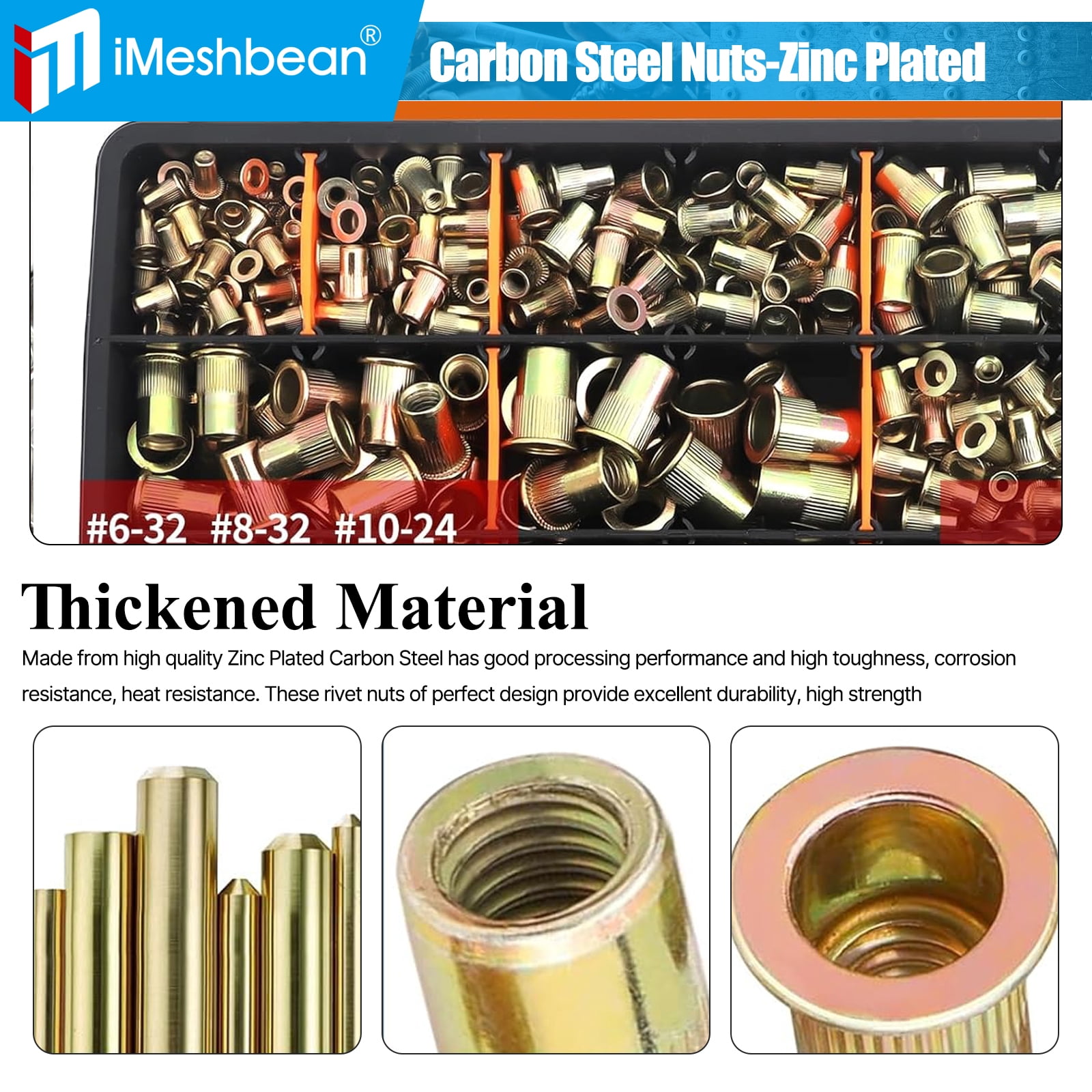 iMeshbean 860Pcs Rivet Nuts- SAE UNC Assortment Carbon Steel Flat Head Zinc Plated Nutsert