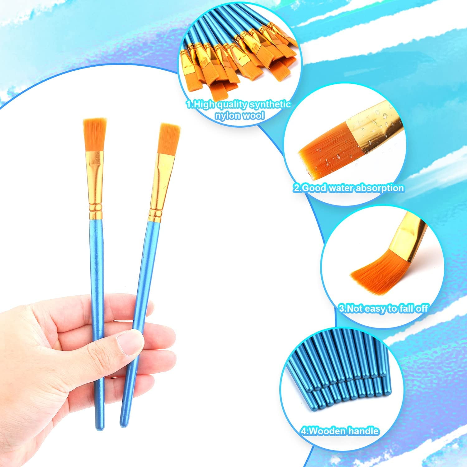 20pcs Flat Small Art Paint Brushes 0.5 inch Wide, Watercolor Acrylic Paint Brushes Bulk Synthetic Nylon Oil Painting Brushes for Artists Professional