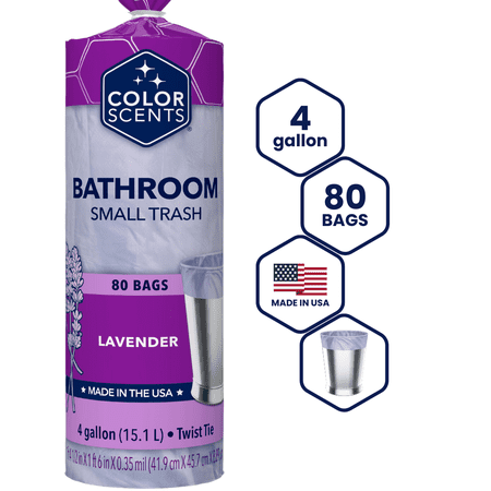 Color Scents Small Trash Bags - 4 Gallon, 80 Bags (1 Pack of 80 Count), Twist Tie - Lavender Bag in Lavender Scent with Microban