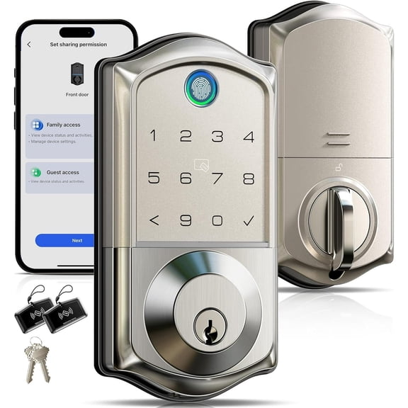 Veise Fingerprint Smart Door Lock, Keyless Entry, Digital Touchscreen, App Control, Auto Lock, Satin Nickel