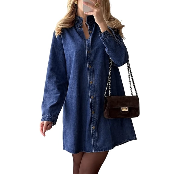 Women's Denim Shirt Dresses Long Sleeve Pleated Jean Dress Button Down Casual Tunic Top, S