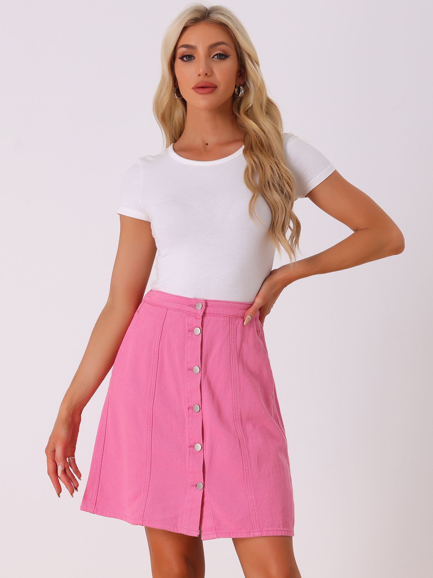 DARING DIVA Women's A-line Button Front Denim Short Skirt S Hot Pink
