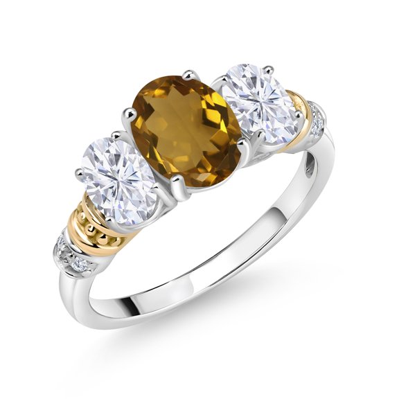 Gem Stone King 925 Sterling Silver and 10K Yellow Gold Oval Whiskey Quartz White Moissanite and White Diamond 3 Stone Ring for Women (2.03 Cttw, Gemstone Birthstone, Size 6)