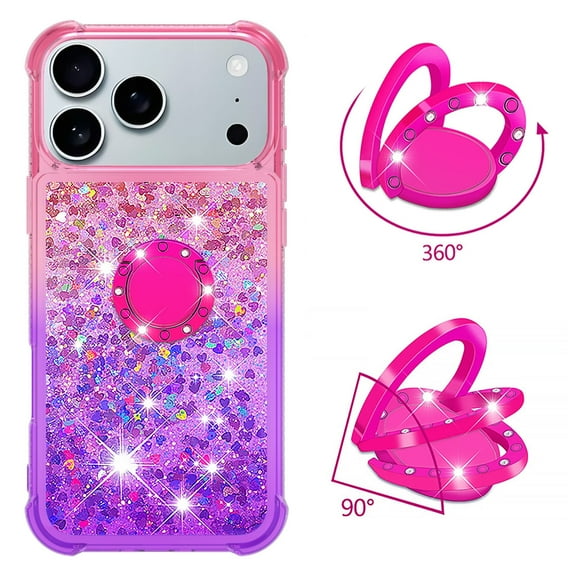 Phone Case for iPhone 17 Pro Max Case with Ring Kickstand, Cute Glitter Bling Sparkle Quicksand Flowing Liquid Clear Gel Silicone ShockProof Cover Girls-B2