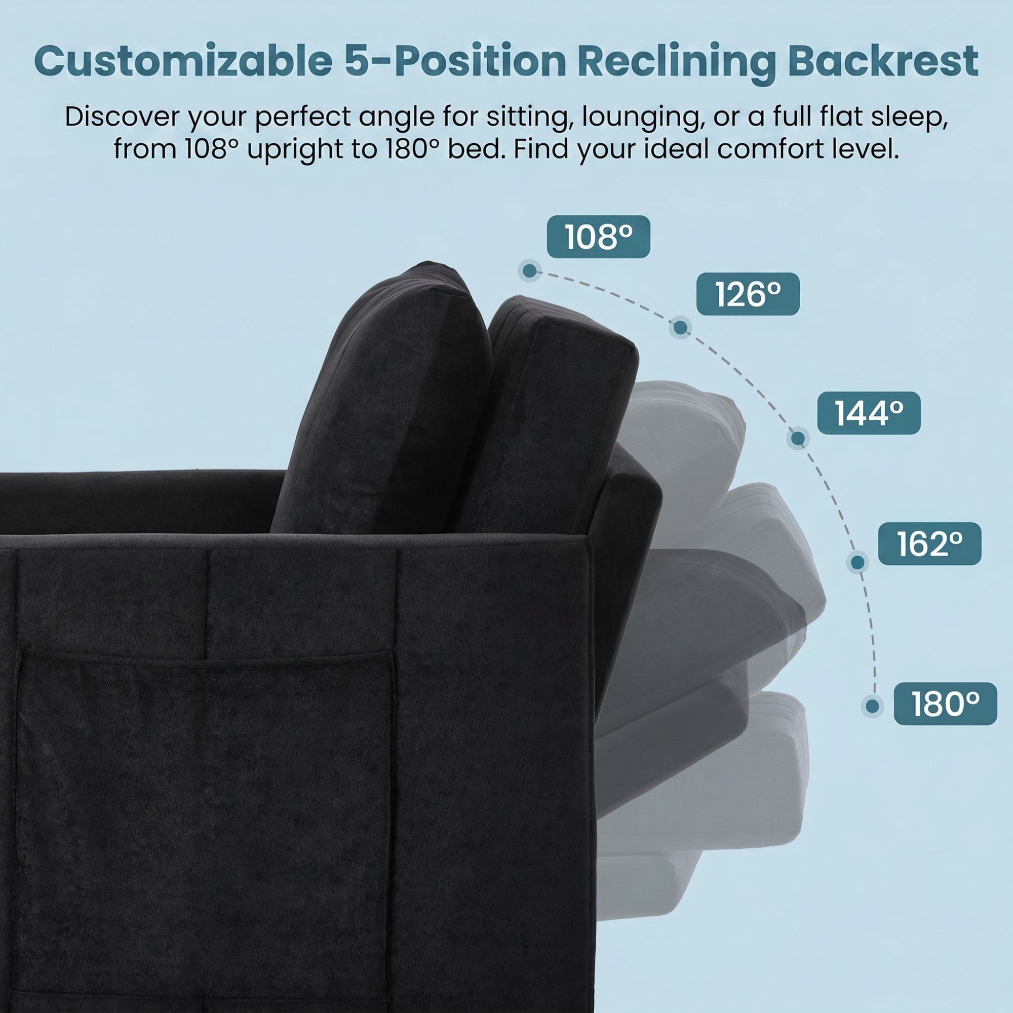 Sailvan 31.5" Convertible Pull Out Sofa Bed, Adjustable Chenille Sleeper Chair with Storage Black