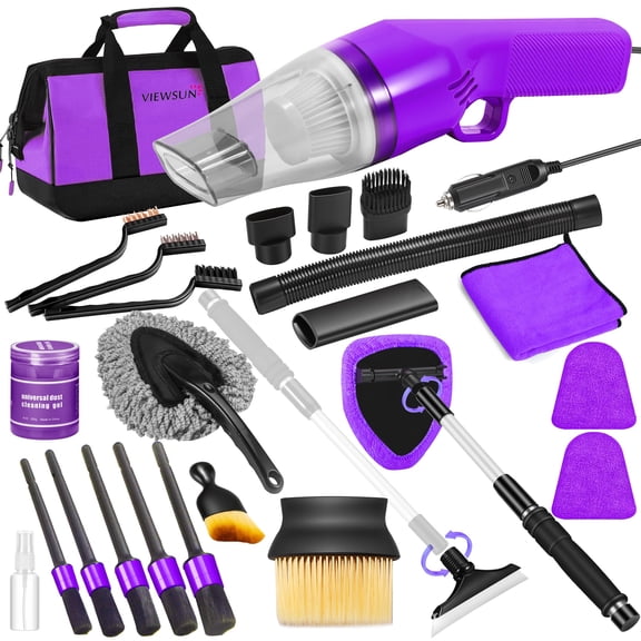 Complete Car Interior Detailing Cleaning Care Kit for Women Featuring Purple High Power Handheld Vacuum