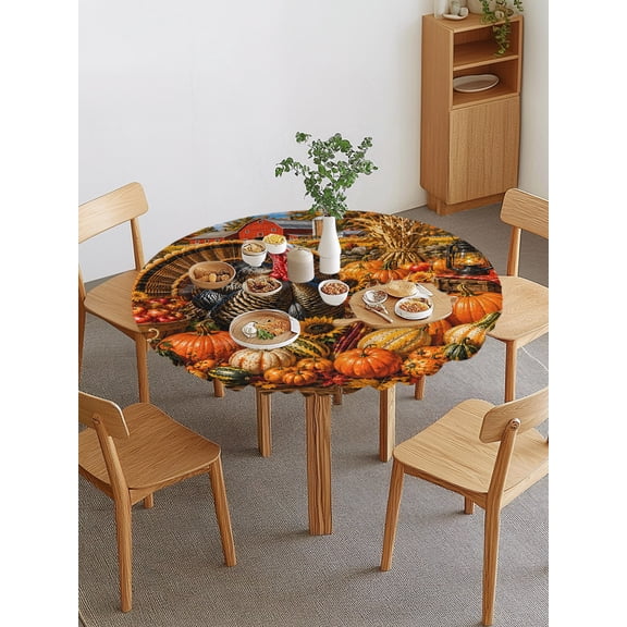 Thanksgiving Fall Round Fitted Tablecloth with Elastic Edge, Countryside Harvest Turkey Bird Pumpkin Red Barn Farm Waterproof Stretch Table Covers for 36"-44" Tables Wipeable Table Cloth for Outdoor