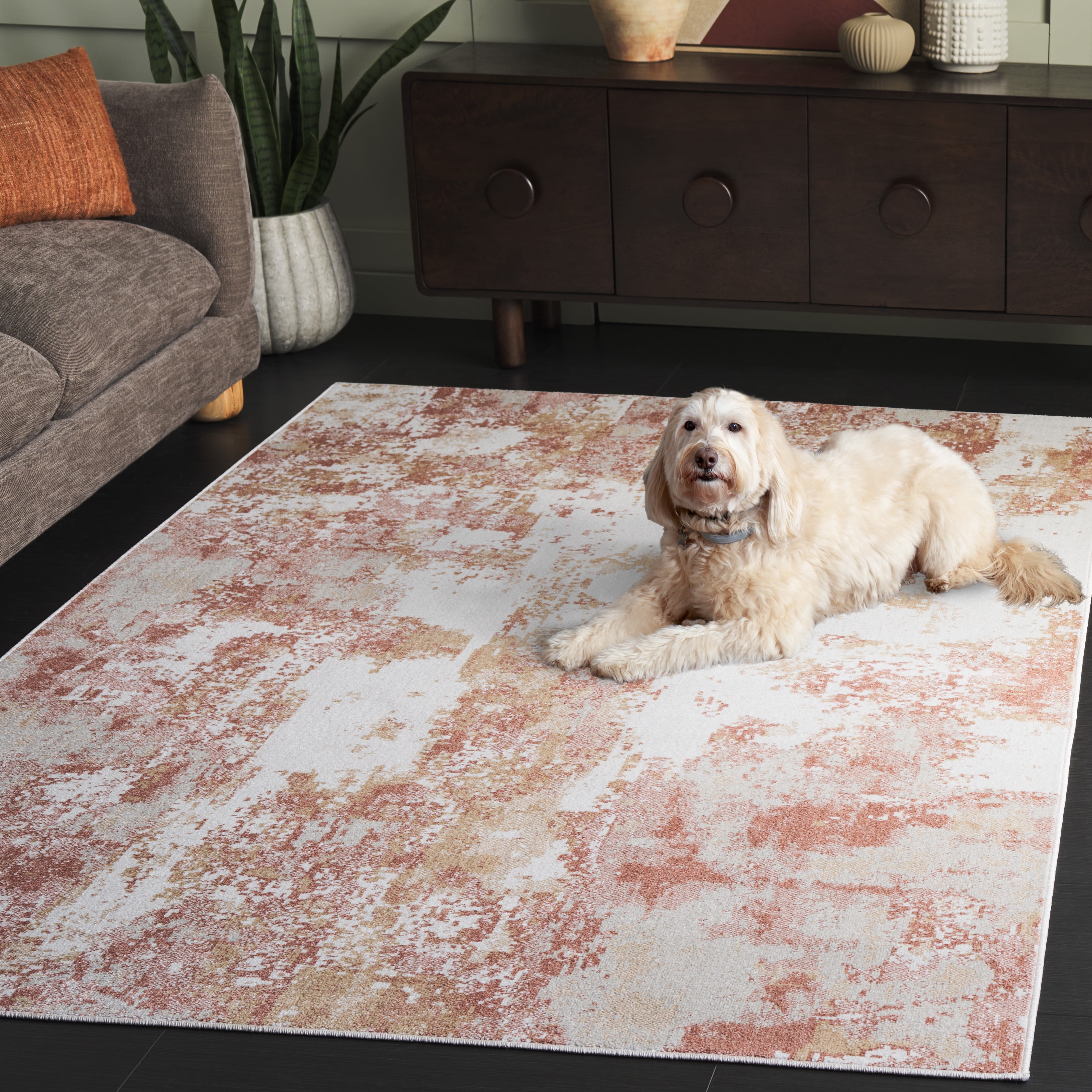 SAFAVIEH Bayside Everard Abstract Polyester Machine Washable Area Rug, Ivory/Orange Beige, 4' x 6'