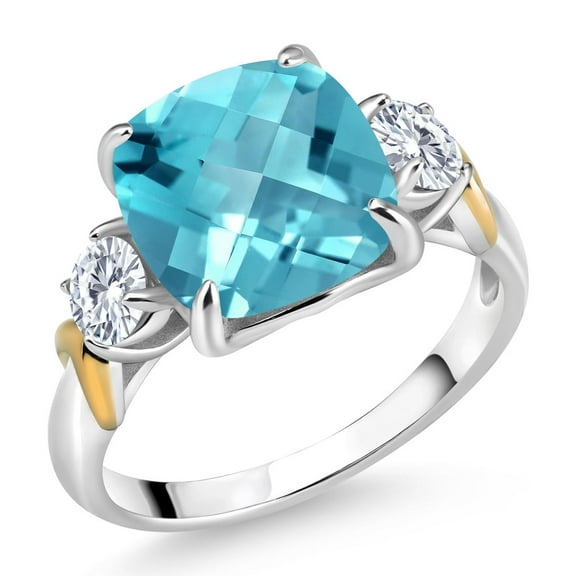 Gem Stone King 925 Silver and 10K Yellow Gold Swiss Blue Topaz and Moissanite 3 Stone Ring for Women (4.51 Cttw, Gemstone Birthstone, Cushion 10MM, Round 4MM, Size 5)