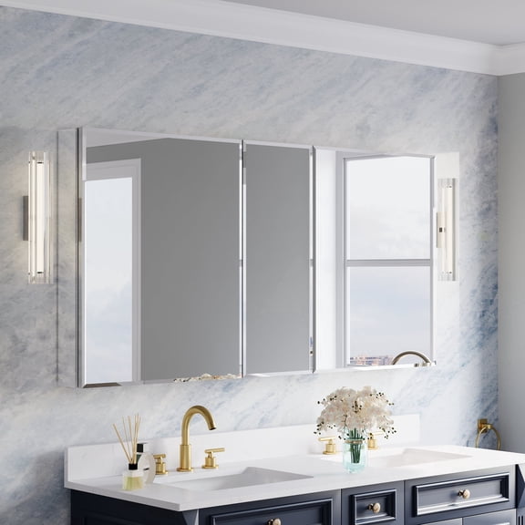 ANGELES HOME 60" x 30" Copper-Free Mirror Medicine Cabinet with Beveled Mirror Door, Recessed or Surface Mount, Adjustable Shelves