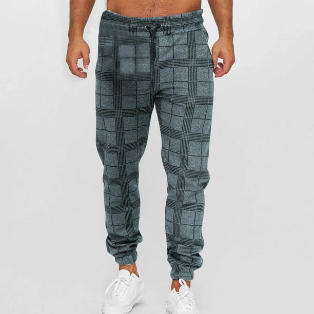 Pantalones deportivos de longitud completa con estampado a cuadros para hombre, informales, con cordón y tobillo, de poliéster