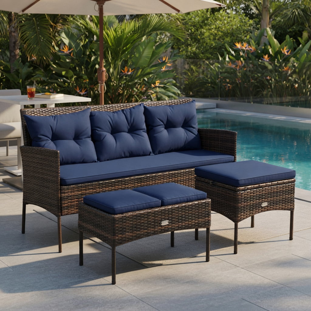 Hommoo 3-Piece Outdoor Patio Sectional Set with 5 Premium Cushions, All-Weather Rattan Sofa, Ottoman & Tempered Glass Coffee Table for Backyard, Poolside & Garden, Navy