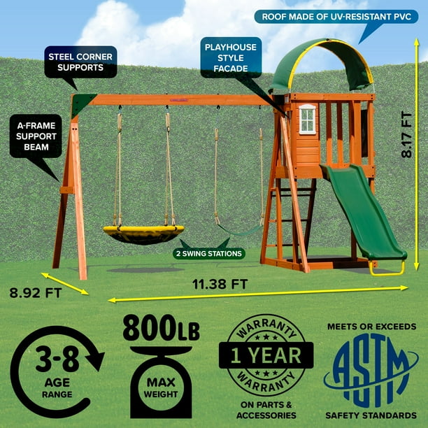 Sportspower Amelia Wooden Swing Set with 2-Person Saucer Swing, 6