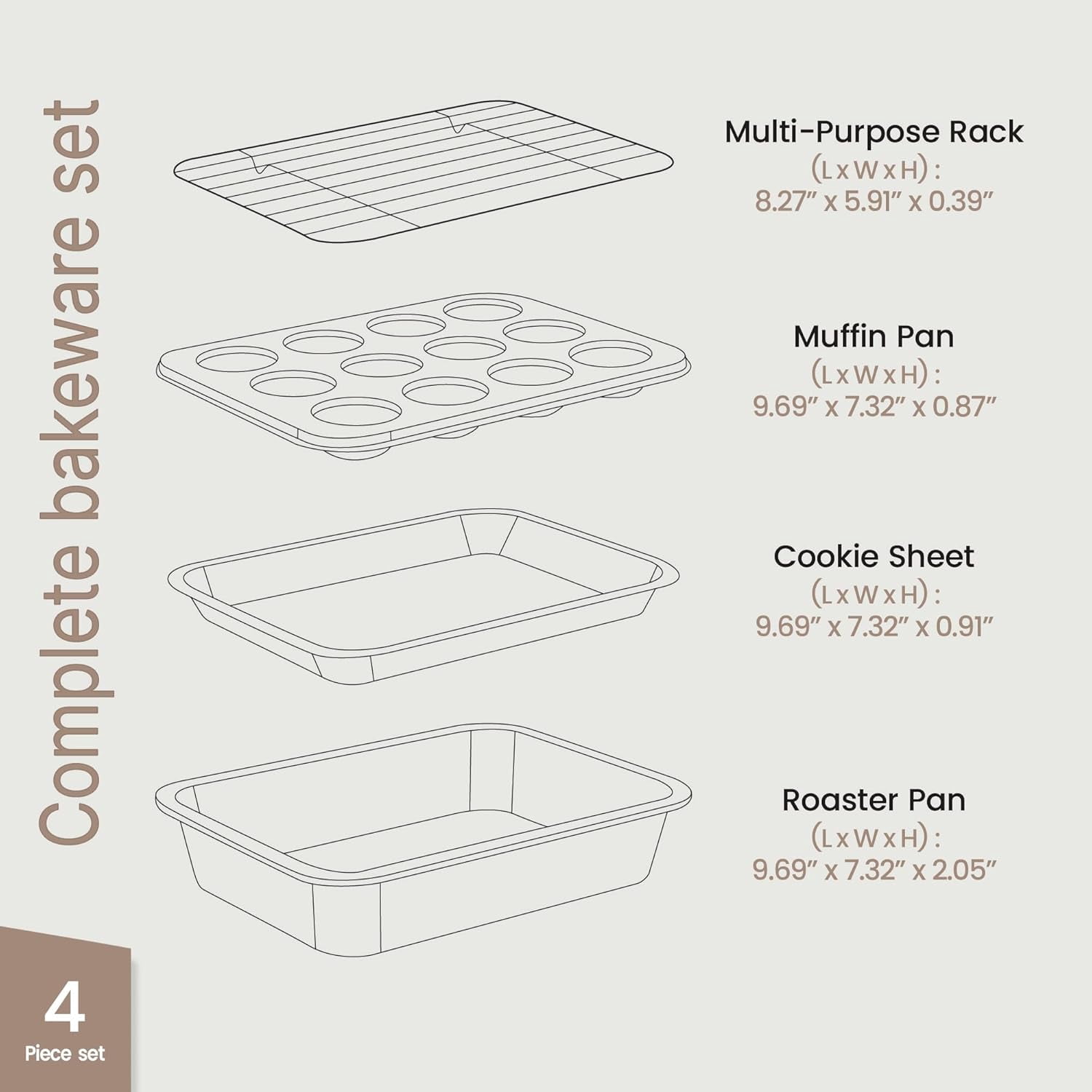 Bakken 4-Piece Bakeware Sets, Nonstick Carbon Steel Baking Sheet, Stackable Space-Saving Bakeware, Dishwasher Safe, Oven Safe 450°F, Gray Marble