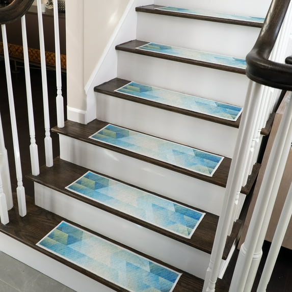 Sea Design 9" X 28" Stair Treads - 70 % Cotton Anti-Slip Carpet Strips for Indoor Stairs-Easy to Install Stair Treads with Double Adhesive Tape-Safe, Extra-Grip, 4-Pack-Sea Blue