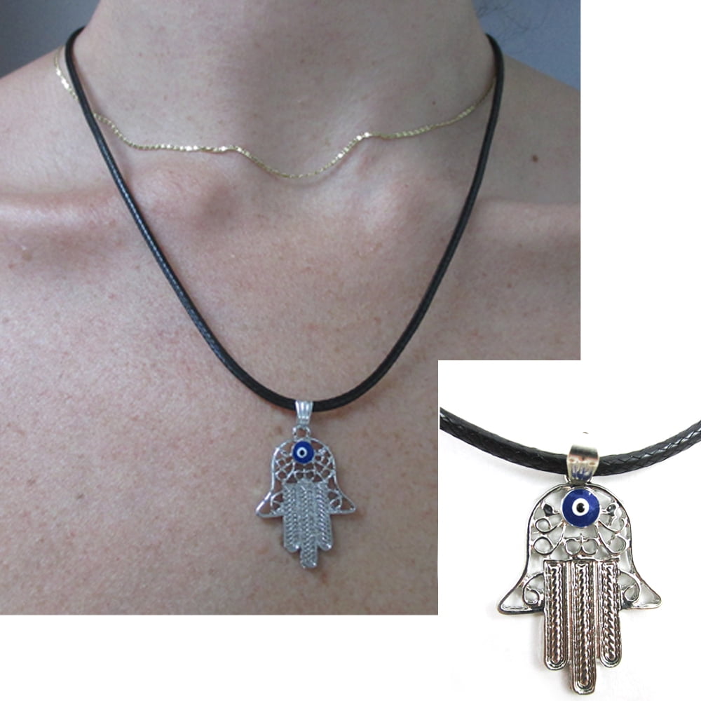 Hamsa Judaica Necklace Pendant Kabbalah Evil Eye Hand Of Fatima Silver & Stones 