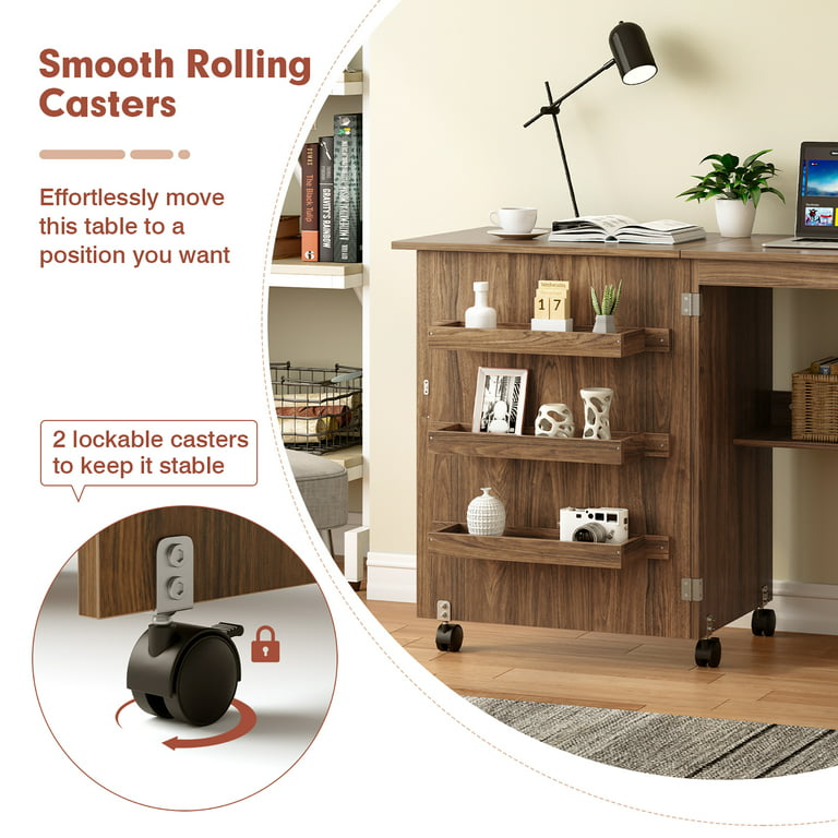 Gymax Folding Sewing Craft Table Shelf Storage Cabinet Home Furniture  W/Wheels Brown 