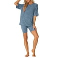 thumbnail image 2 of INSPIRE CHIC Women's Ribbed Knit Soft Tracksuit Short Sleeve Sweatshirt Set Shorts Loungewear Sleepwear L Blue, 2 of 6
