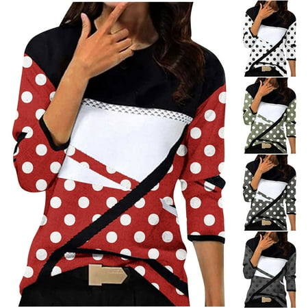 Feancey Womens Colorblock Tops Spring Long Sleeve Trendy Geometric Print T Shirts Comfy Loose Crewneck Blouse Going Out Tee Shirt Army Green M