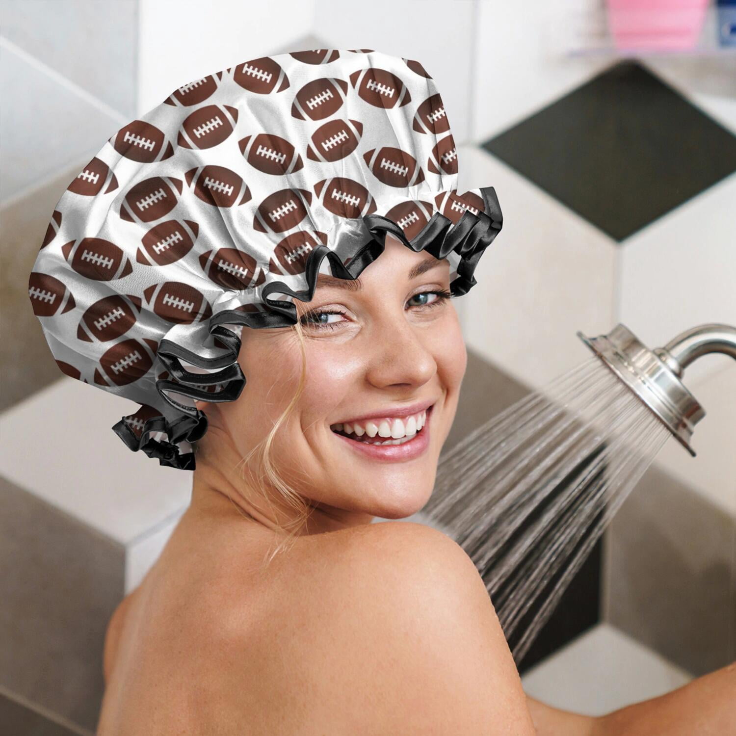Shower Caps,Brown Footballs Repeat Pattern Waterproof Shower Cap for Women 4 Pieces,Double Reusable Hair Cover for Shower PEVA Elastic Stretch Hem
