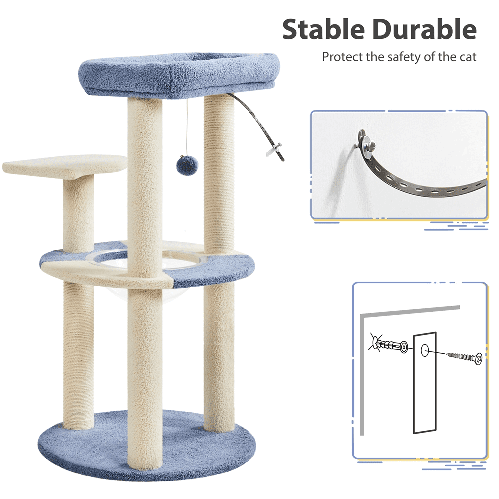Alden Design 35.5″H Ocean Cat Tree with Padded Perch Natural Sisal for Kittens, Blue/Beige