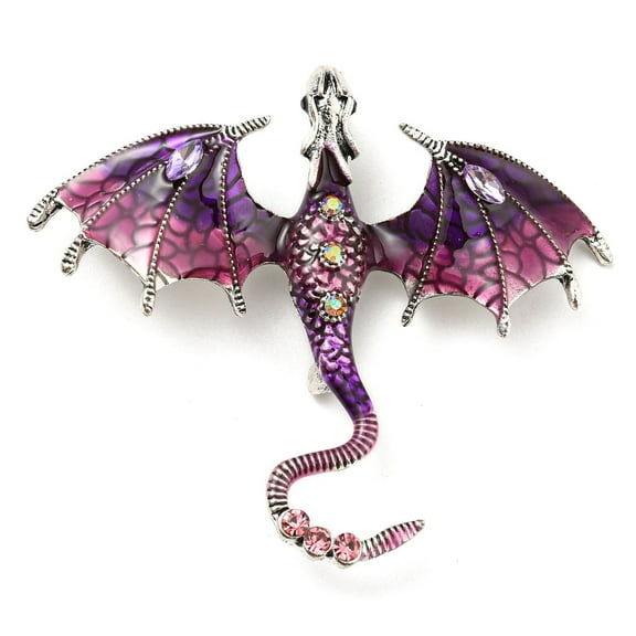 5pc Dragon Enamel Pins Antique Silver Alloy Rhinestone 61x70.5x10.5mm Brooch Purple