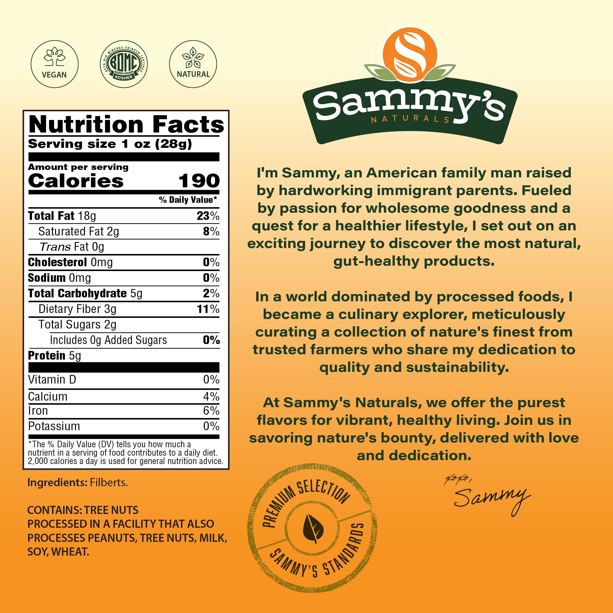 Sammys Naturals Raw Hazelnuts With Skin, Whole Filberts (32oz - 2 lbs) Non-GMO, Kosher