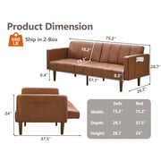 75 Convertible Futon Sofa Bed, Mid-Century Modern PU Leather Couch with Adjustable Backrest, Sleeper Loveseat with Side Pockets, Easy Assembly for Living Room & Guest Room