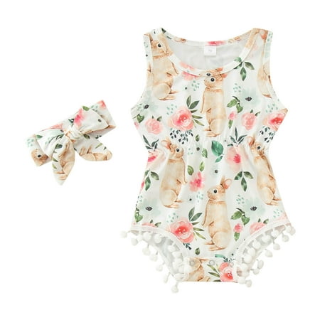 

Uuszgmr Baby Jumpsuit For Boys Girls Easter Sleeveless Cartoon Rabbited Tassels Romper Bodysuits White Size:12-18 Months