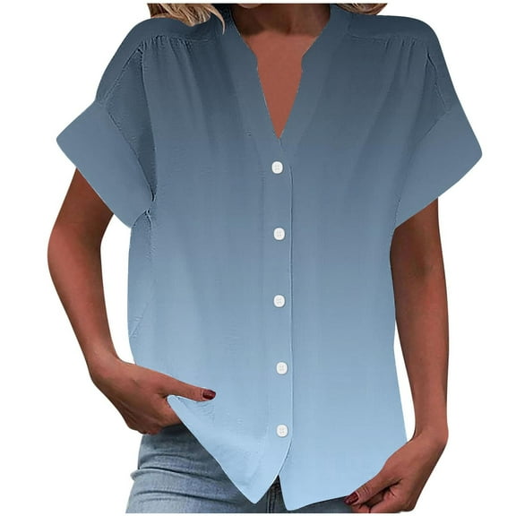 mihongmao Womens Long Sleeve Tops Fashion Women's Short Sleeved Solid Color Spring/summer Button Up Shirt Top,Womens Tops Clearance under $5 Light Blue L