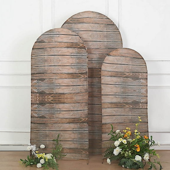 BalsaCircle 3 Brown Spandex Fitted Round Top Wedding Arch Backdrop Stand Covers Set Wooden Design Party