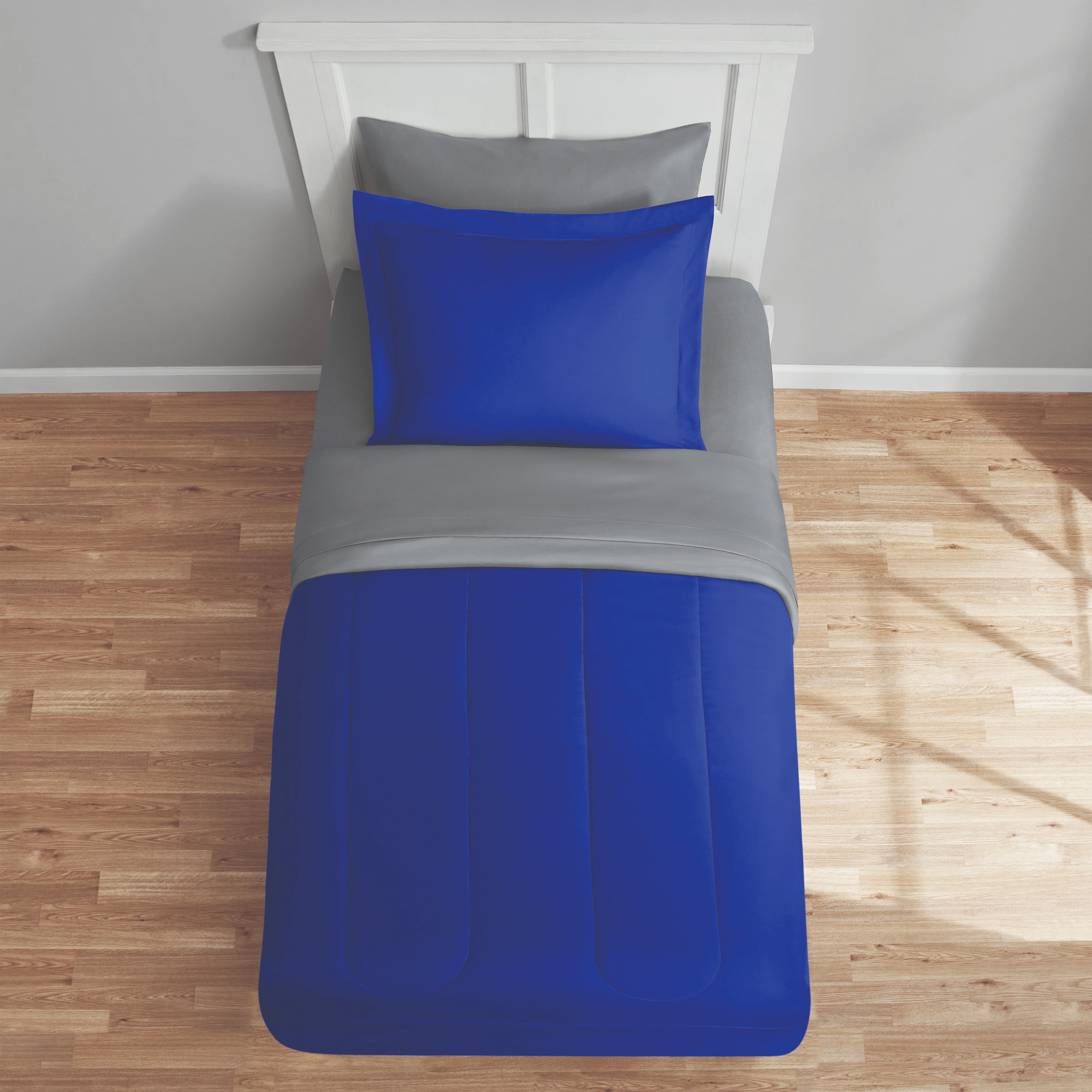 Mainstays 5-Piece Reversible Bed in a Bag Comforter Set with Sheets, Blue, Twin XL