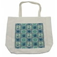 thumbnail image 1 of Ships Wheel Shopping Bag, Nautical Patchwork Pattern Rope Starfish Sailing Ship Anchor and Helm, Eco-Friendly Reusable Bag for Groceries Beach and More, 15.5" X 14.5", Cream, by Ambesonne, 1 of 2