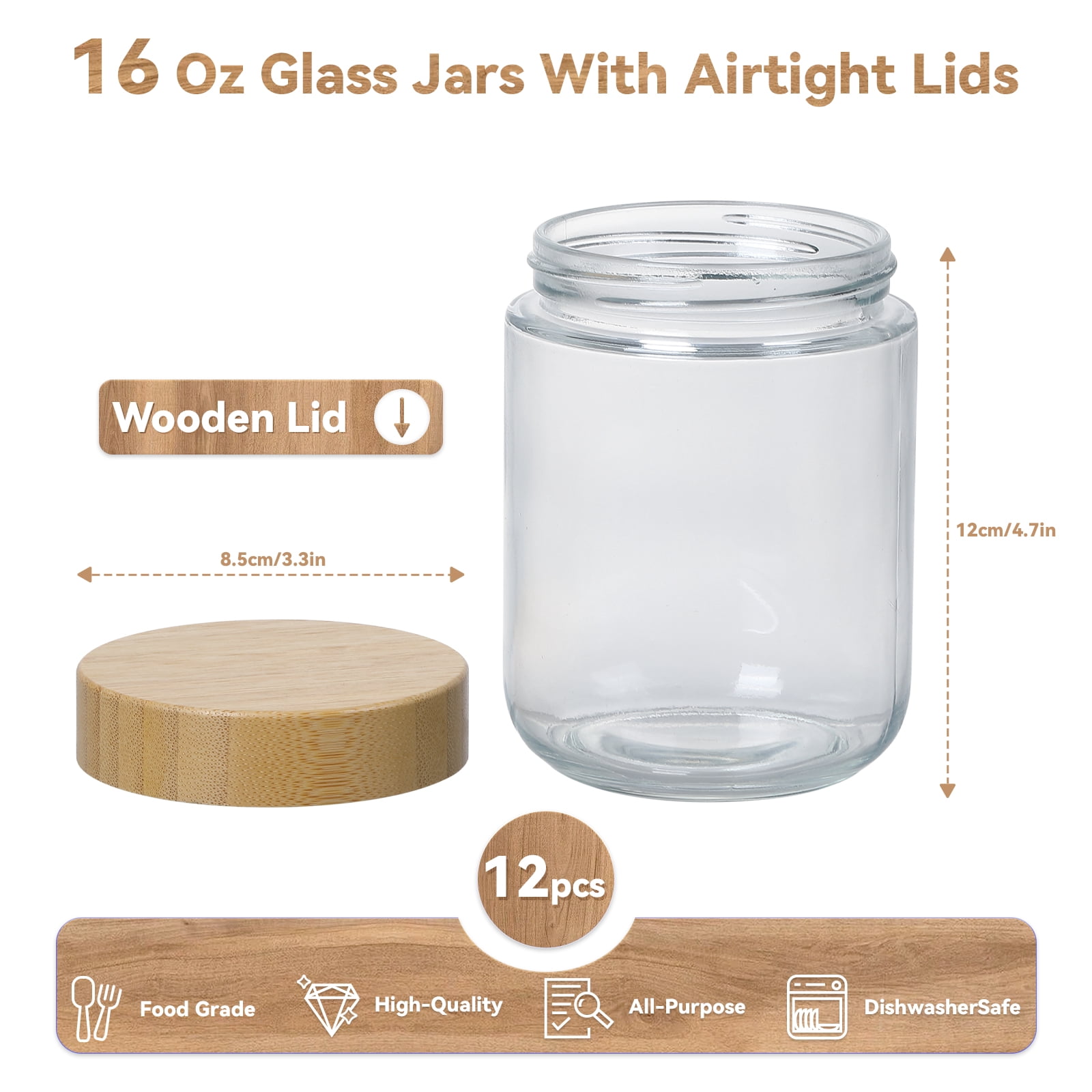 Novelinks Clear Glass Bamboo Airtight Overnight Oats, Fruit Yogurt Food Storage Jars 12 Count