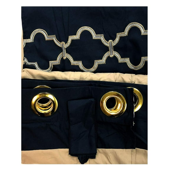 2 Pieces Curtain Set Taupe Navy Blue Luxury Embroidery Panels Grommets Drapes- Daisy 