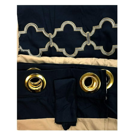 2 Pieces Curtain Set Taupe Navy Blue Luxury Embroidery Panels