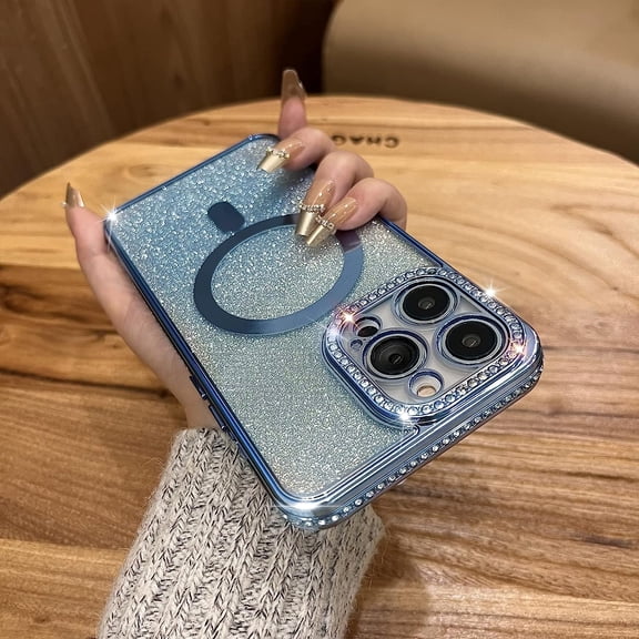 Compatible with iPhone 14 Pro Max Magnetic Glitter Case,Shockproof Camera Protection Phone Case for Women Girls,Luxury Sparkle Case for iPhone 14 Pro Max 6.7''-Blue