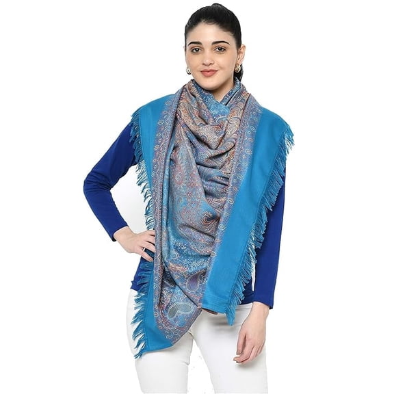 Weavers Villa Women's Pashmina Wool Blend Indian Handicraft Woven Shawls, Scarf, Wraps (Large Size: 40" X 80", Blue)