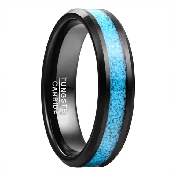 6mm Black Tungsten Rings for Men Imitated Turquoise Polished Beveled Edge Band Size 7-12