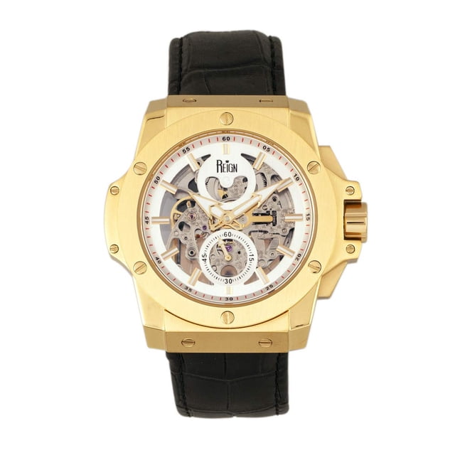 Reloj REIGN Commodus Automático Esqueleto Correa de Cuero Dorado