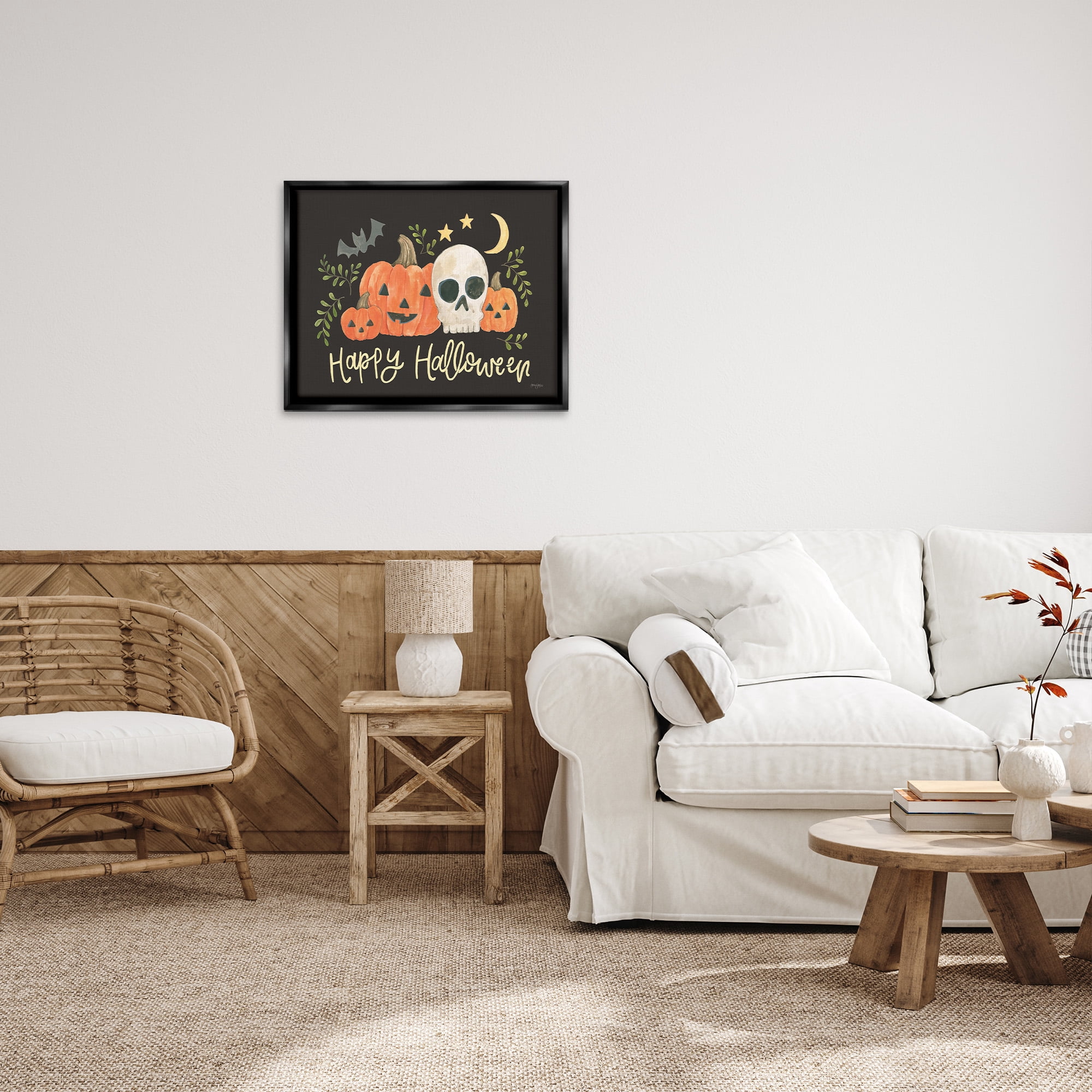 Stupell Industries Whimsical Happy Halloween Holiday Painting Black Floater Framed Canvas Art Print Wall Art, 31 x 25