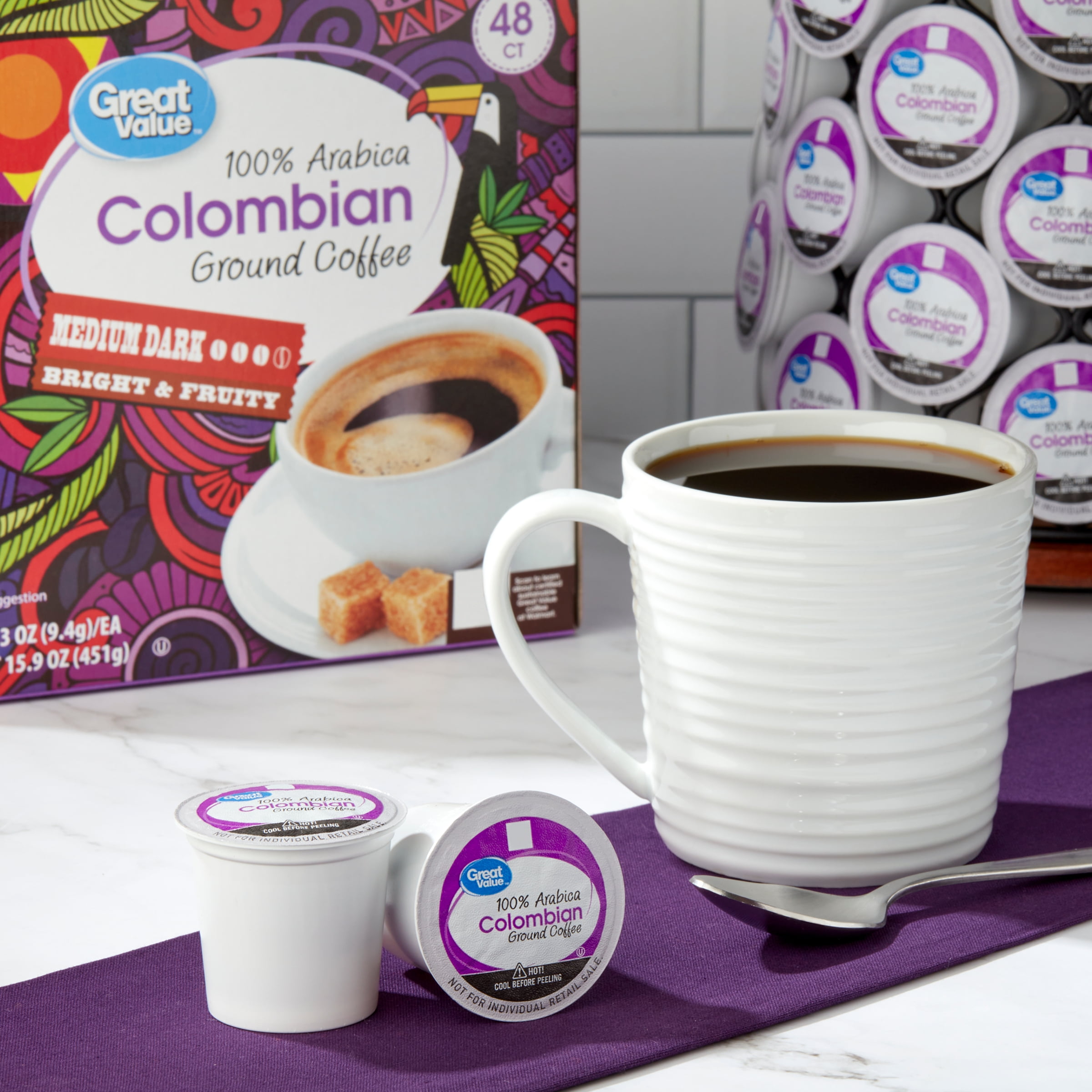 Great Value 100% Arabica Colombian Medium Roast Ground Coffee Pods, 48 Count
