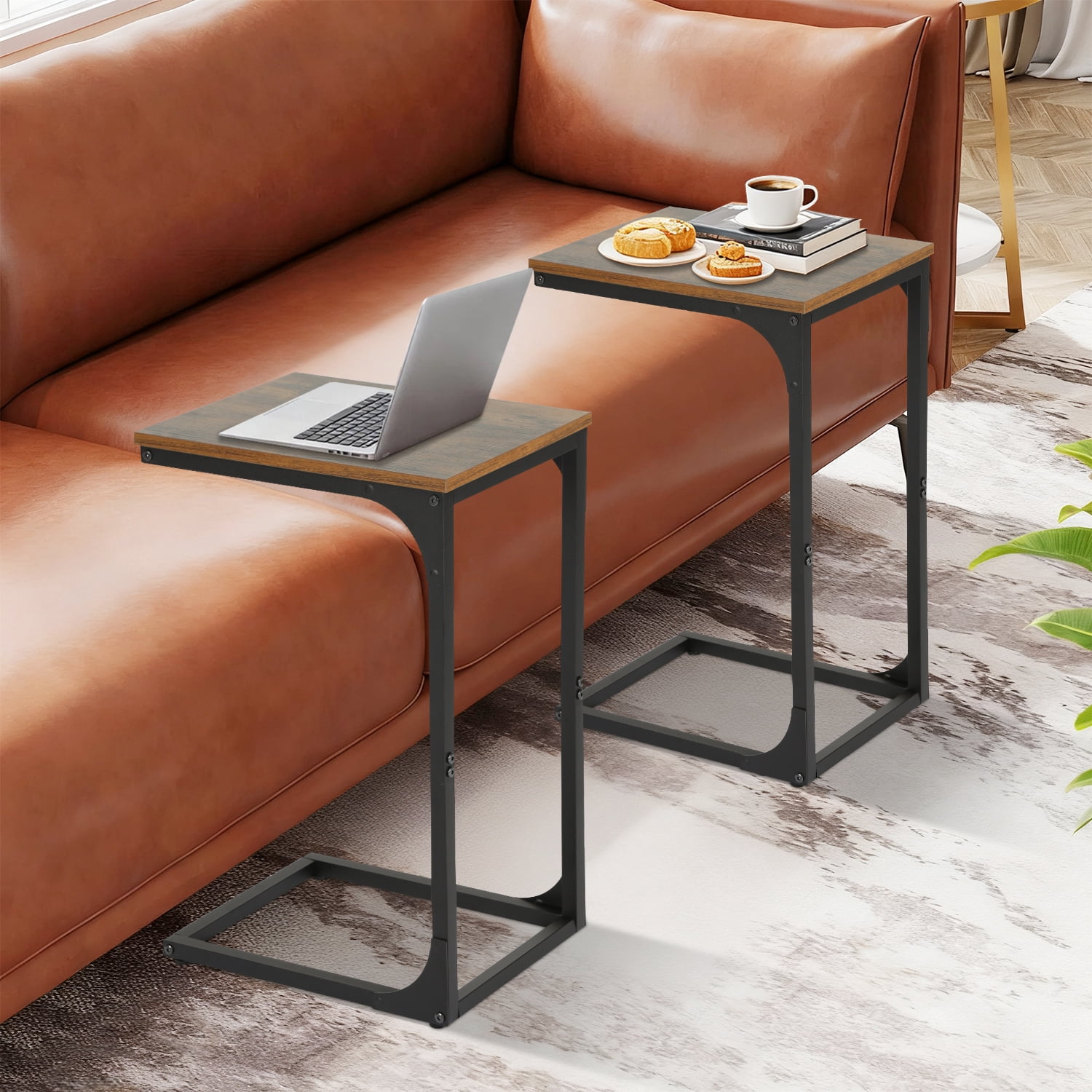 NiamVelo C-Shaped End Table Set of 2 , Small Side Table for Couch, Sofa Table with Metal Frame for Living Room, Bedroom, Bedside （Brown）