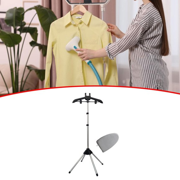 Soporte para máquina de planchar a mano y dos clips con guante de planchar, soporte de plancha de regulable en altura para trajes, abrigos, chal Negro