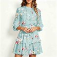thumbnail image 4 of ClodeEU Women's Floral Print Round Neck 3/4 Bubble Sleeve Waist Tie Ruffle Mini Dress,Elegant Casual Swing Dress Mint Green,Women's Plus XL, 4 of 5