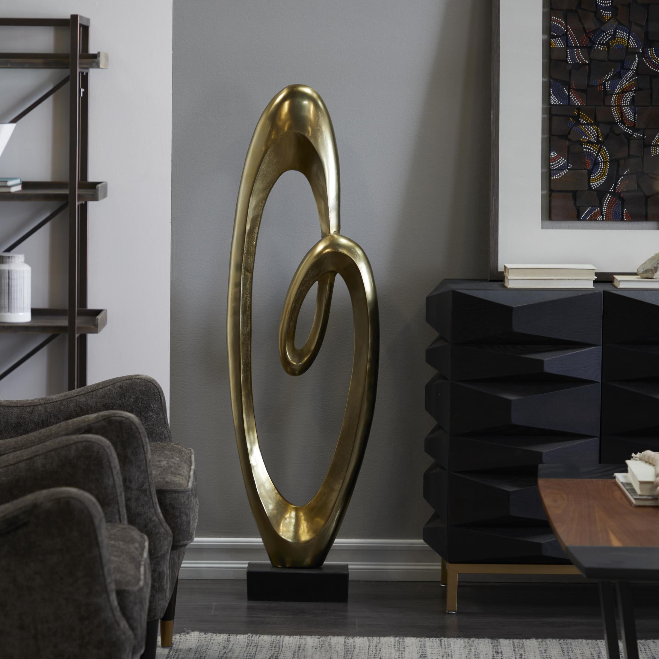 16" x 52" Gold Aluminum Metal Swirl Abstract Sculpture with Black Marble Base, by DecMode