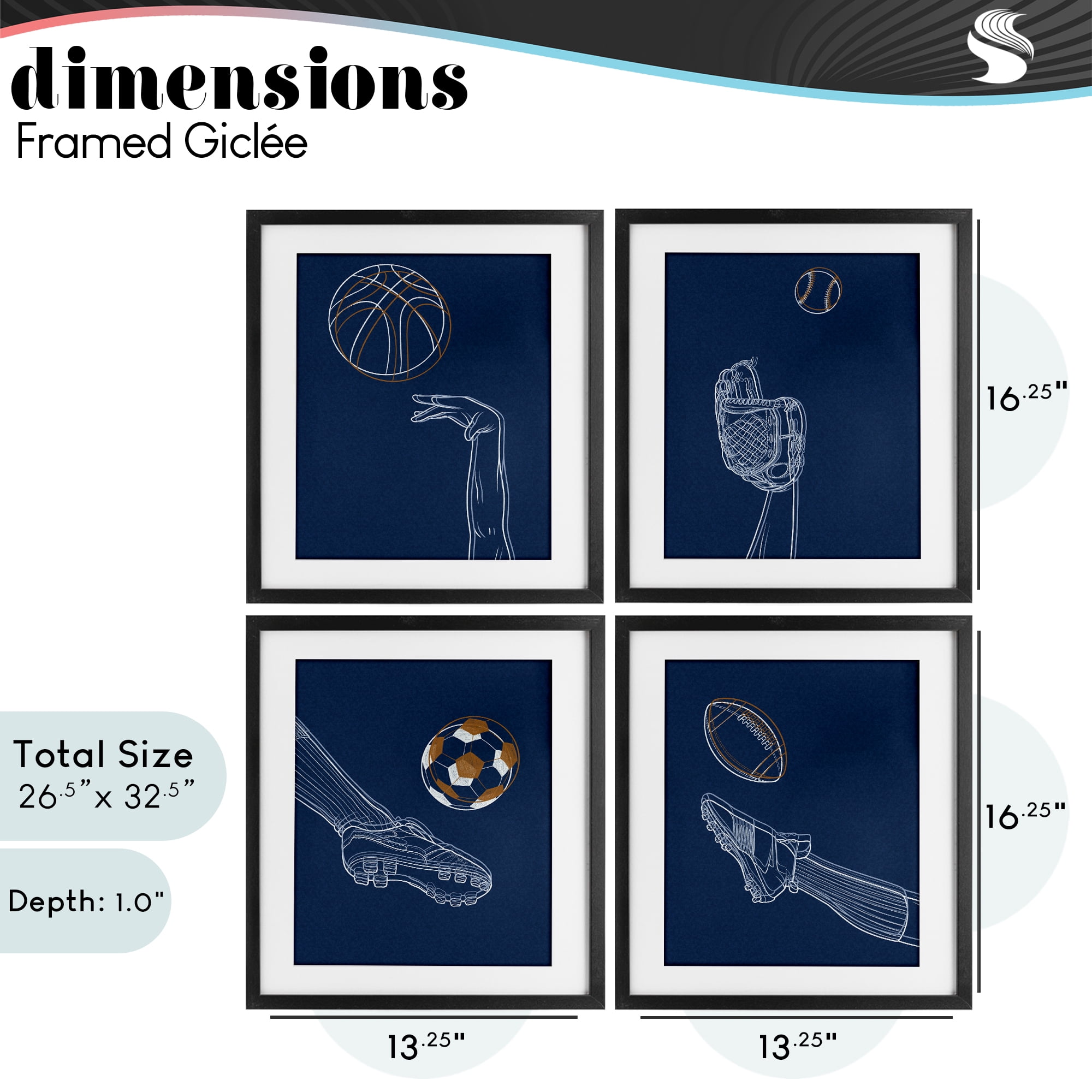 Stupell Industries Sports In Action Contour 4 Piece Black Framed Print Under Glass Set, design by Marcus Prime